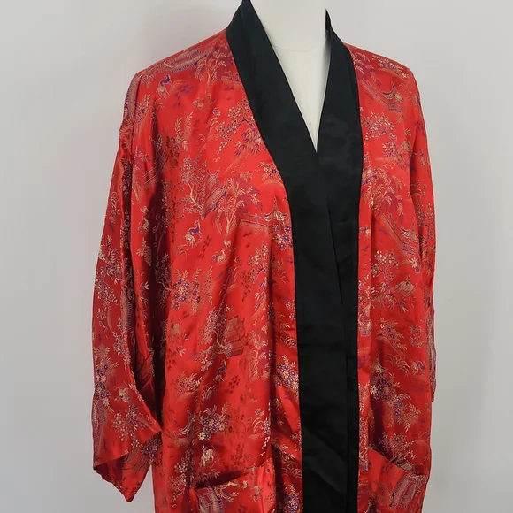 Vintage Oriental Kimono Robe L Red Black Satin Asian Print Lounge Duster Boho - Picture 2 of 9